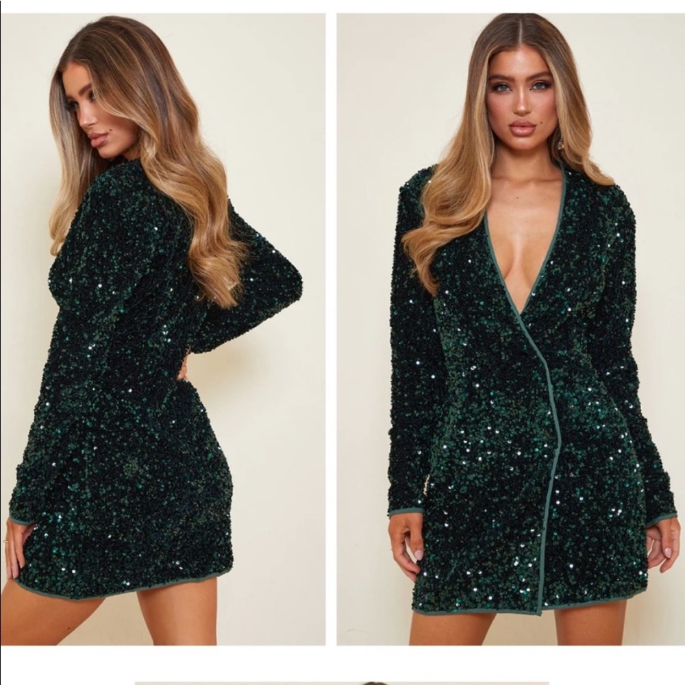 PrettyLittleThing PLT Green Velvet Sequin Blazer Mini Dress